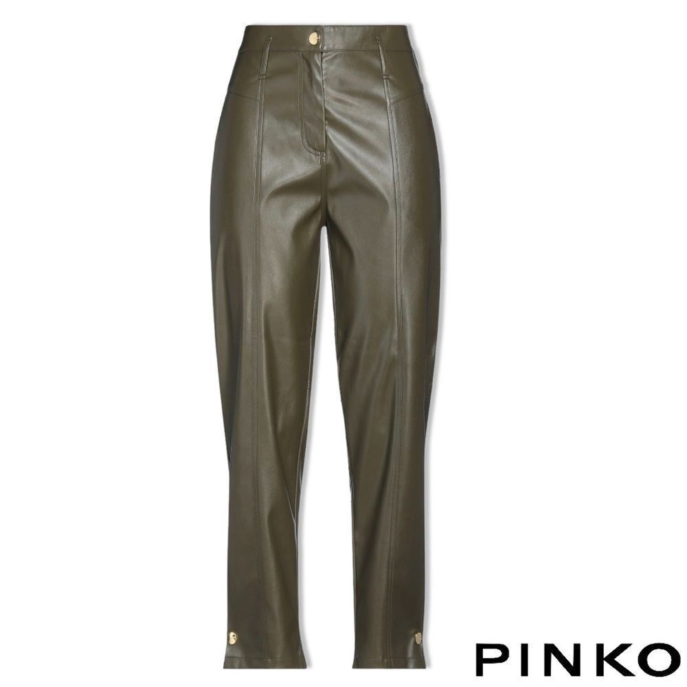 Pinko **NWT** Straight-leg Faux Leather Pant with Ankle Snaps in Military Green